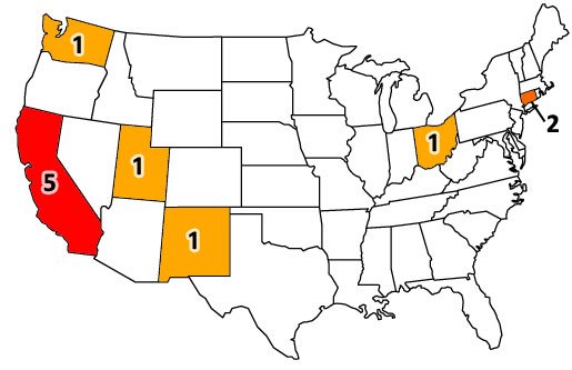 Map showing the 11 Jehovah's Witness child sex abuse cases being handled by Zalkin Law Firm as of September 2013