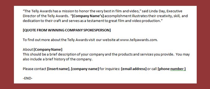 Telly Award form letter with phony quote from Linda Day